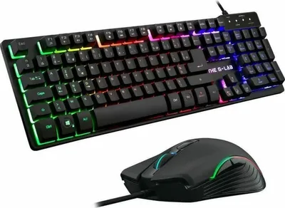 A black keyboard and mouse set with RGB lighting, displayed on a white background.