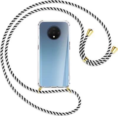 Produktbild von Handykette Backcover-Schutzhülle mit Band (Metall goldfarben) für OnePlus 7T - schwarz/weiß gestreift