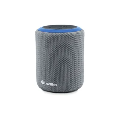 A gray and blue CoolBox Bluetooth speaker is shown against a white background.