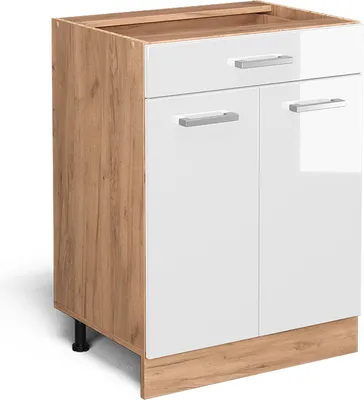 Produktbild von Vicco Küchenunterschrank R-Line, 60 cm mit Schublade, ohne Arbeitsplatte, Weiß Hochglanz/Goldkraft Eiche