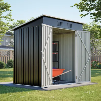 Produktbild von Geräteschuppen Gerätehaus Metall Gartenhaus Lagerschuppen 3,74m³ Schwarz mit Pultdach Fundament