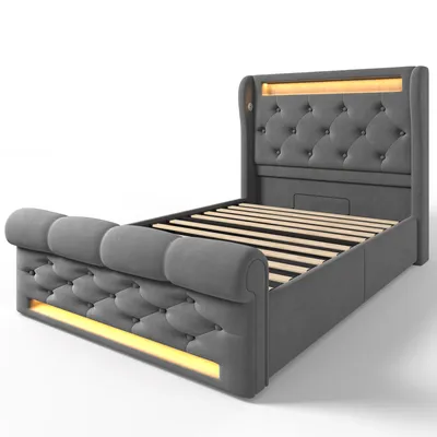 Produktbild von Flieks Hydraulisches Polsterbett 90x200cm mit USB und Typ-C, Jugendbett Einzelbett mit Led,  Stauraumbett Kinderbett mit Lattenrost, Samt, Grau
