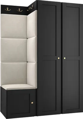 Produktbild von MIRJAN24 Garderoben-Set Orion Ramiro XXIII, Kleiderschrank, Schuhschrank, Kleiderhakenbrett, 7x Paneel 42x42, 8 Kleiderhaken, Metallgriffe (Farbe: Schwarz, Manila 02)