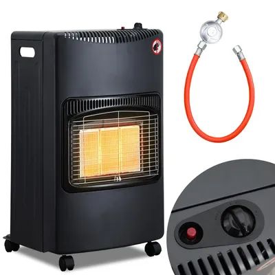 Zdjęcie produktu dla Grzejnik gazowy Vigevee 4200W, ceramiczny, 3 stopnie mocy, z zabezpieczeniem przed przegrzaniem i przewróceniem, w zestawie reduktor ciśnienia i wąż, 5 kółek, w zestawie 2 adaptery EU