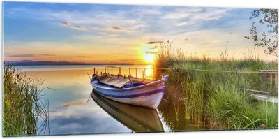 Produktbild von Bilder auf glas - See Boot Wasser - 120x50cm - Glasbilder - Wandbilder - Kunstdruck - zum Aufhängen bereit - Wanddekoration aus Glas - Glas Bilder - Wandbild auf Glas - Einteilig - GAB120x50-3950
