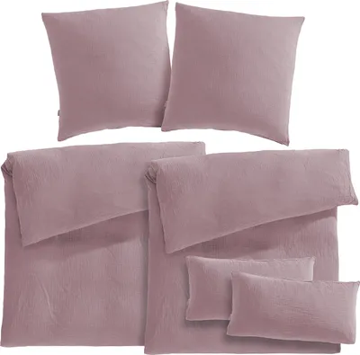 Produktbild von Pure Label Musselin Bettwäsche 6teilig bestehend aus Bettbezug 155 x 220 2er Set + 80x80 Kissenbezug 2er Set + 40x80 Kissenbezug 2er Set in Mauve