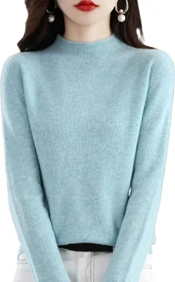 Produktbild von ASKSA Damen Leichter Pullover mit Stehkragen Langarm Strickpullover Pulli Sweatshirt Solid Weich Oberteile, Hellgruen, M