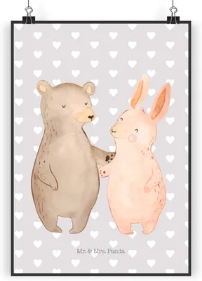 Produktbild von Mr. & Mrs. Panda Bild Bär und Hase Umarmen DIN A5 - Grau Pastell - Geschenk, Freundin, Kunstdruck, drucke, Wandbild, wanddeko, BFF, Plakat, Umarmung, für Immer