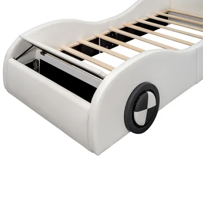Produktbild von MODFU Kinderbett Polsterbett 90×200 cm mit leuchtenden Rädern und Stauraum, Autobett Einzelbett mit in Form eines Autos(Ohne Matratze), PU, Weiß