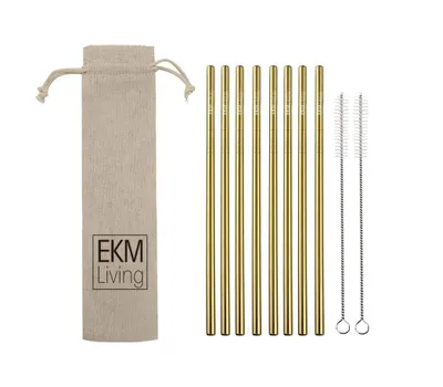Obrázek produktu pro EKM Living Sada 8 rovných brček z nerezové oceli, odolná proti zlomení, opakovaně použitelná, lze mýt v myčce nádobí, neobsahují plasty, s.r.o. (zlatá rovná, 8)
