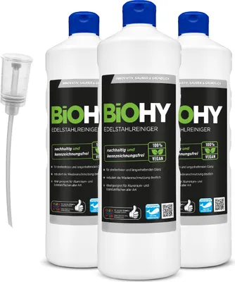 Produktbild von BiOHY Edelstahlreiniger (3x1l Flasche) + Dosierer | Edelstahlpflege für neuen, streifenfreien Glanz | Schutz gegen Fingerabdrücke, Schmierflecken etc. | schonend und nachhaltig