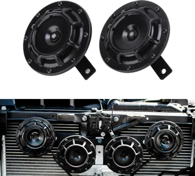 Zdjęcie produktu dla Para klaksonów ślimakowych 120mm 115DB uniwersalnych czarnych do samochodu motocykla skutera ciężarówki ze stopu stali 12V