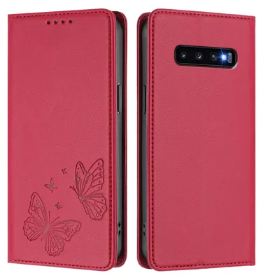 Image de Étui en cuir pour Samsung Galaxy S10 Plus, motif papillon en relief, étui à rabat avec porte-appareil, rouge