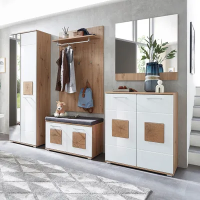 Produktbild von Garderoben-Set mit Garderobenschrank, Garderobenbank und Sitzpolster 5-teilig in Eiche mit weiß Hochglanz, FARGO-36