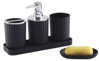 Image de Ensemble d'accessoires de salle de bain, 5 pièces, noir, en plastique : distributeur de savon, porte-savon, support pour brosses à dents, gobelet à dents, boîte de rangement