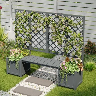 Image de OKWISH Plante et Jardinière - Bac à Fleurs en Bois avec Treillis pour Plantes Grimpantes, Meuble de Jardin en Bois de Sapin Massif, Gris - 169 x 42 x 145 cm