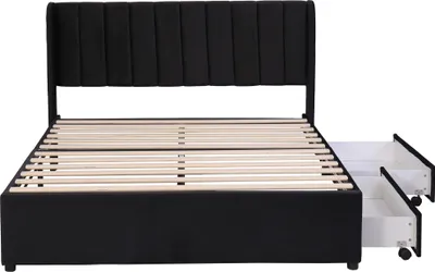 Produktbild von Polsterbett, Doppelbett mit Lattenrost und 2 Schubladen, 140x200 cm, gepolsterter Kopfteil mit seitlichen Ohren, Bezug aus Samt