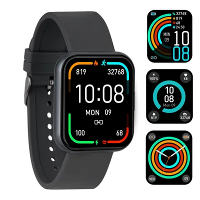 A smartwatch with multiple watch faces displayed next to it.