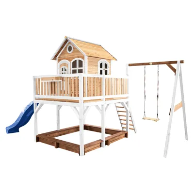 Produktbild von AXI Spielhaus Liam mit Sandkasten, Schaukel & blauer Rutsche | Stelzenhaus XXL in Braun & Weiß aus  Holz für Kinder | Spielturm mit Wellenrutsche für den Garten