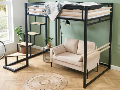 Produktbild von Hochbett - 140 x 200 cm - Metall & MDF - Naturfarben & Schwarz - JOGUI