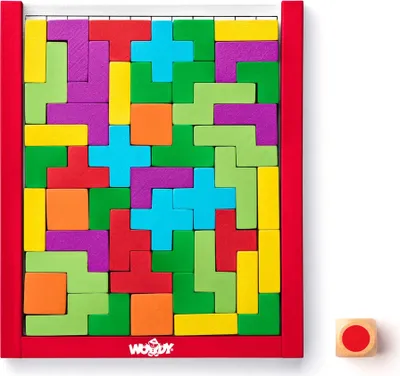 A wooden puzzle game with colorful geometric pieces arranged within a red frame.