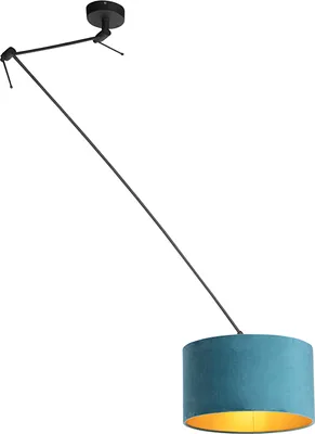 Zdjęcie produktu dla QAZQA – klasyczna I antyczna lampa wisząca I lampa wisząca I lampa wisząca z welurowym kloszem niebieskim ze złotem I mosiądz 35 cm – błyskawica I czarny I salon I sypialnia – tekstylny cylinder I podłużny I okrągły – L