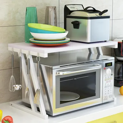 Obrázek produktu pro Polička na mikrovlnnou troubu - Volně stojící regál do kuchyně - S úložným prostorem - Úsporný design - 57 x 38 x 38 cm - Bílá barva