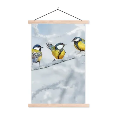 Produktbild von MuchoWow® Textilposter Vogel - Kohlmeise - Winter - Schnee - Zweige 60x90 cm mit holzfarbenen Rahmen - Textil