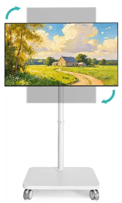 Zdjęcie produktu dla Stojak TV na kółkach, obrotowy o 90 stopni, biały, z regulacją wysokości, drewniana podstawa z kółkami, przeznaczony do telewizorów o przekątnej 32-70 cali