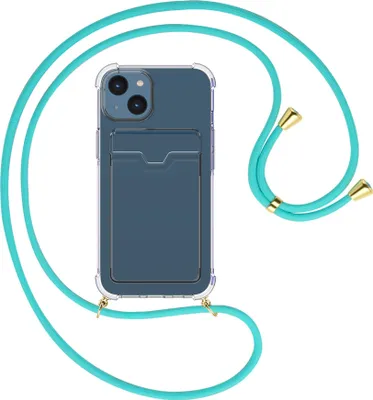 Produktbild von Handykette Backcover-Schutzhülle mit Band (Metall goldfarben) für Apple iPhone 15 - türkis