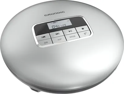 A silver portable CD player with black accents and buttons is shown from a slightly elevated angle against a white background.