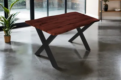 Produktbild von Esstisch Josy | 140 x 80 cm | Holz Nussbaum-Optik | X-Gestell Metall schwarz | 40 mm Tischplatte mit Baumkante | Tisch für Esszimmer & Küche