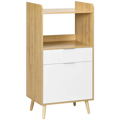 Image de HOMCOM Meuble desserte de cuisine pour micro-ondes style scandinave avec placard, tiroir, étagère réglable - 58 x 40 x 118 cm - naturel et blanc