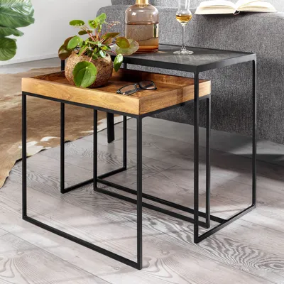 Produktbild von WOHNLING Wohnzimmertisch 2er Set Mango Massivholz / Stein-Optik Beistelltisch Eckig Beistelltisch Industrial Sofatisch Couchtisch Rechteckig Tischset