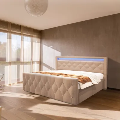 Zdjęcie produktu dla HOME DELUXE - Łóżko tapicerowane VELARA - 140 x 200 cm, kolor: beżowy, tapicerowane wezgłowie z oświetleniem LED, w komplecie 4 szuflady I podwójne łóżko komfortowe