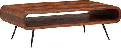 A wooden coffee table with a shelf underneath, supported by black metal legs, is shown against a white background.