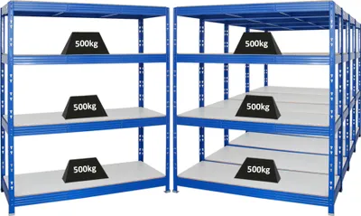 Produktbild von Mega Deal | 5x Profi Schwerlastregal Rhino | HxBxT 180x160x60cm | 4 Melamin-Ebenen 16mm | Fachlast 500kg | Blau