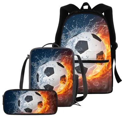 Produktbild von 3-teiliges Rucksack-Set für Jungen & Teenager, Fußball-Design, mit Federmäppchen & Brotdose
