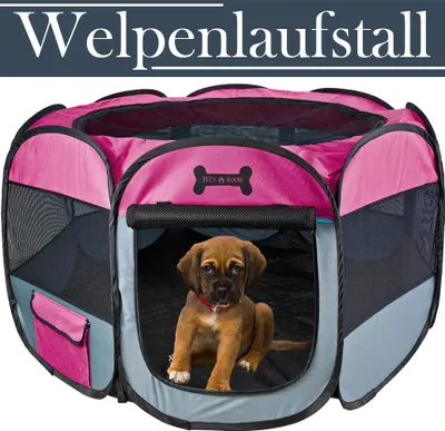 Produktbild von Welpenauslauf Oxford XL 115 cm faltbar Pink Welpenlaufstall Tierlaufstall Hunde Hasen Meerschweinchen Katzen Innen Außen 8-eckig Petigi