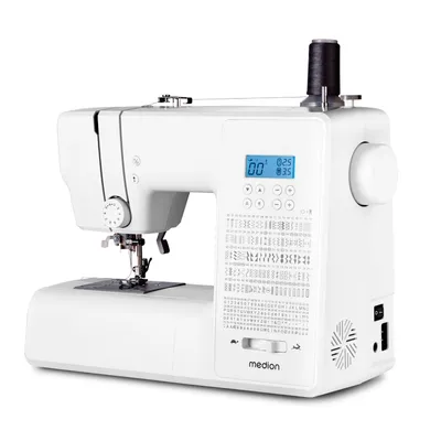 A white digital sewing machine is shown against a white background.