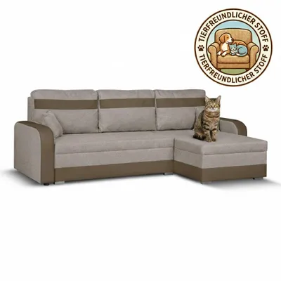 Produktbild von KomfortWelt24 Ecksofa mit Schlaffunktion und praktischem Bettkasten - Bequemer Eckcouch 214x140 cm L-Form CONDI Beige/Braun