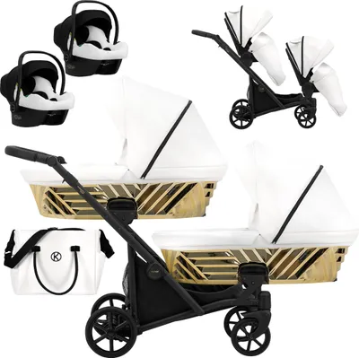 Produktbild von Kinderwagen IVENTO DUO GLAM 3 in 1 Zwillingskinderwagen Geschwisterwagen Zwillingsbuggy Doppelkinderwagen (Eco White Pearl, Rahmen: schwarz)