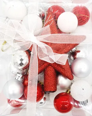 Produktbild von 30 Christbaumkugel Ø3cm Weihnachtskugel Set Bruchfest Weihnachtsstern Baumschmuck Rot/Weiß/Silber