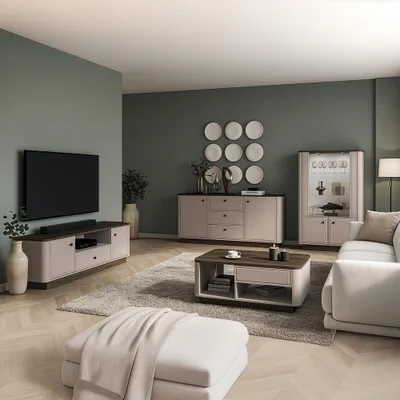 Produktbild von Wohnzimmermöbel Set in Beige & Eiche modern, mit Lowboard, Sideboard, Highboard-Vitrine, Couchtisch & LED-Beleuchtung, 4-teilig – VEJANO-131