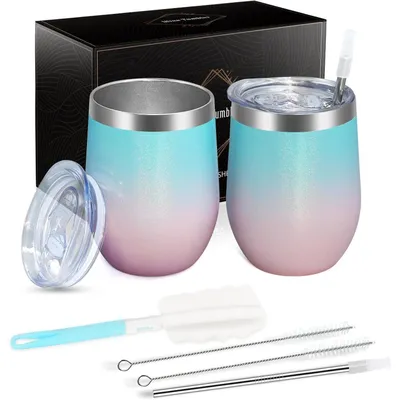 Produktbild von Weinbecher Edelstahl 12oz Farbverlauf Blau-Rosa 2 Stück mit Deckel