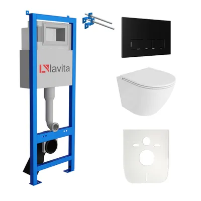 Produktbild von Lavita LAV 101 Vorwandelement für WC 40cm + Wand Hänge Tiefspül WC SOFI ONE Weiß Spülrandlos + Bedienplatte LAV 200.3.4 Schwarz | Komplettset | Unterputz Spülkasten | Toilette Komplett Sett