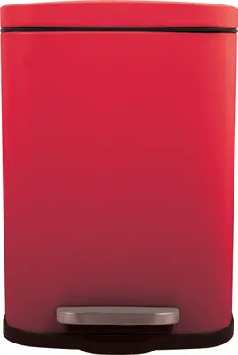 A red pedal trash can against a white background.