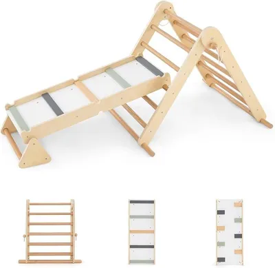 Imagen del producto de Estructura de juego triangular 3 en 1 con escalera de escalada y balancín, estructura de madera para interior con rampa de doble cara, parque infantil plegable para escalar y balancearse. Triángulo de escaleras para niños a partir de 18 meses. Diseño natural
