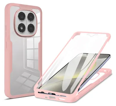A pink and clear phone case is shown from two angles against a white background. One angle shows the back of the case with the camera cutout, and the other shows the case disassembled with a phone inside, demonstrating its protective features.