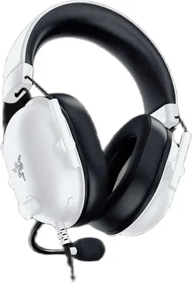 A product shot of a white and black gaming headset.